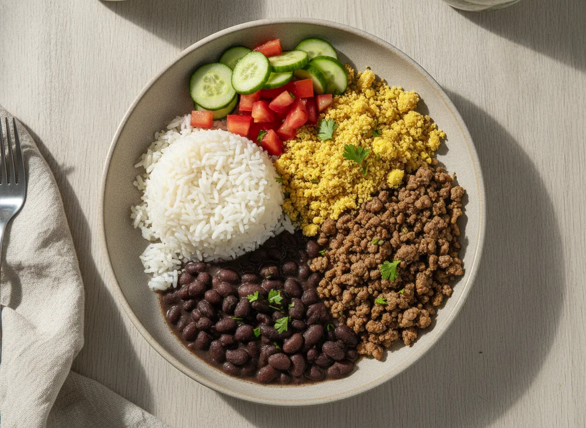 Arroz, feijão, carne moída com farofa e salada photo