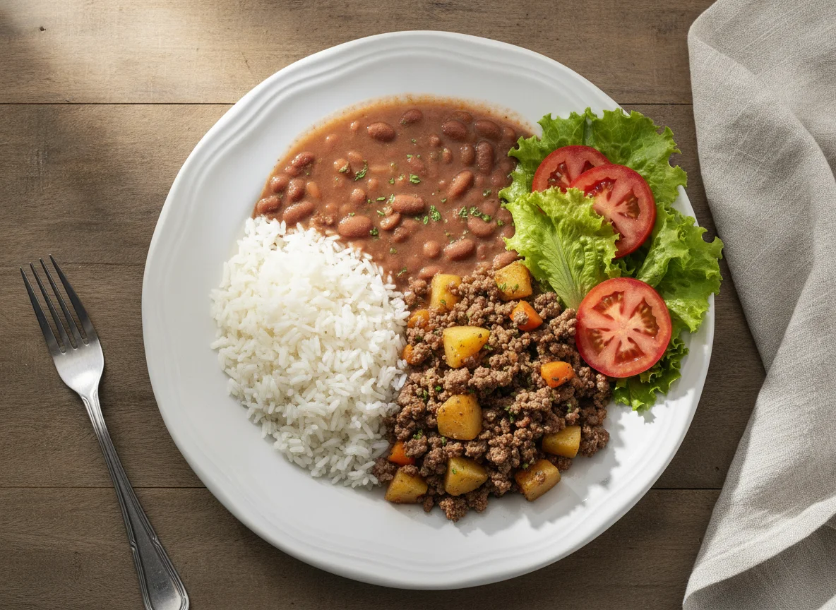 Arroz, feijão, carne moída com legumes e salada photo
