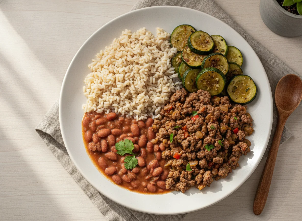 Arroz, feijão, carne moída e abobrinha photo