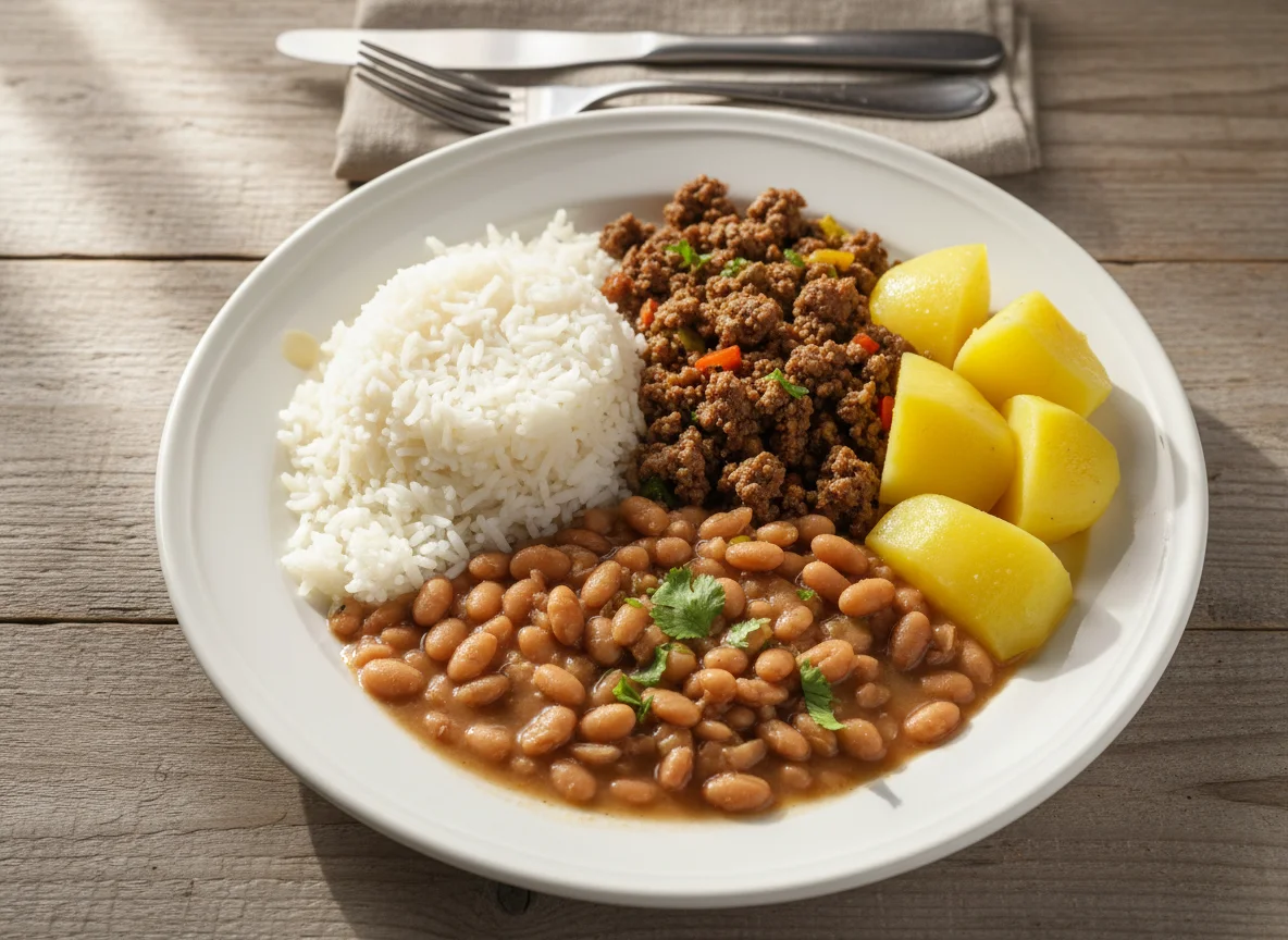 Arroz, feijão, carne moída e batata photo