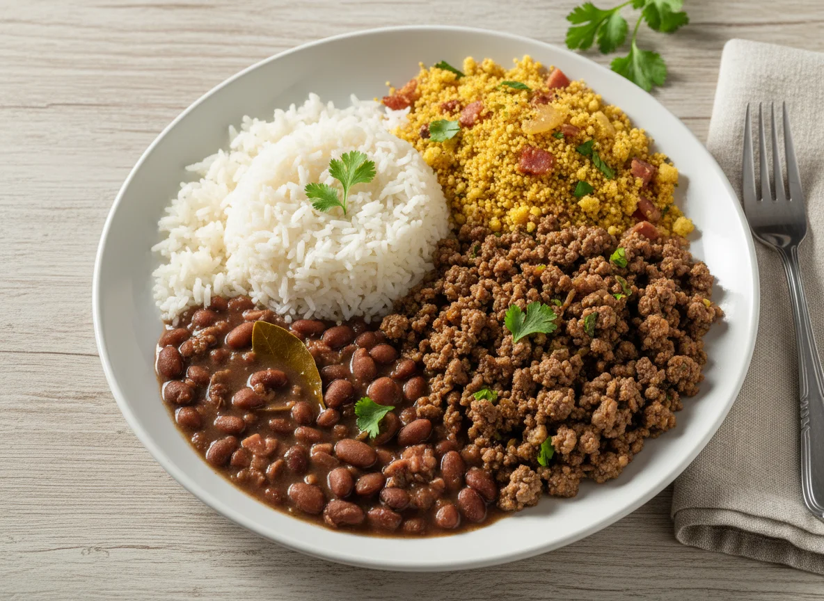 Arroz, feijão, carne moída e farofa photo