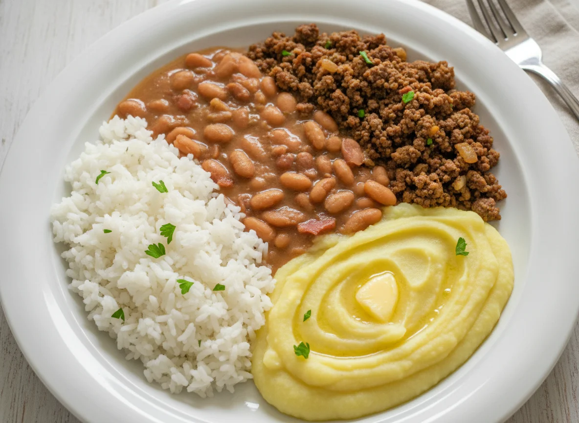 Arroz, feijão, carne moída e purê de batata photo