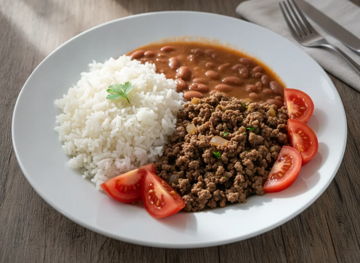 Arroz, feijão, carne moída e tomate photo