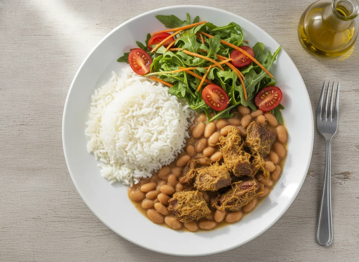 Arroz, feijão com carne seca e salada photo