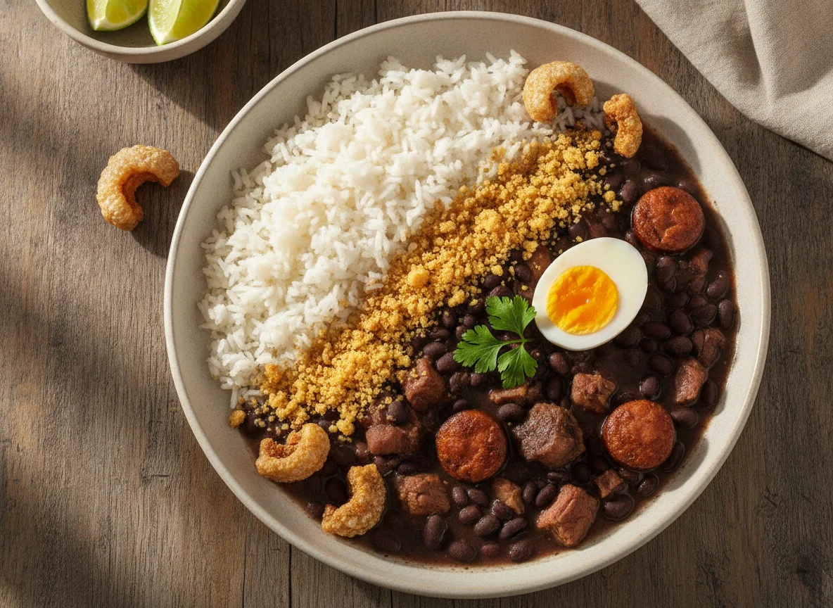 Arroz, feijão com carnes, ovos cozidos e farofa photo