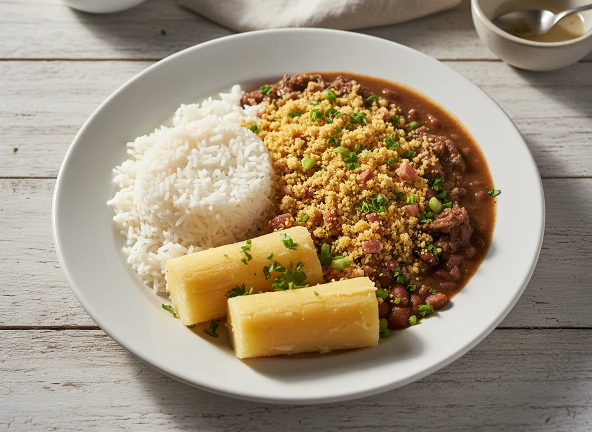 Arroz, Feijão com Farofa e Mandioca Cozida photo