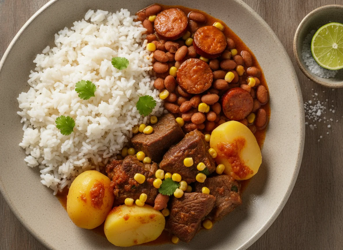 Arroz, feijão com linguiça, carne cozida com batata e milho photo