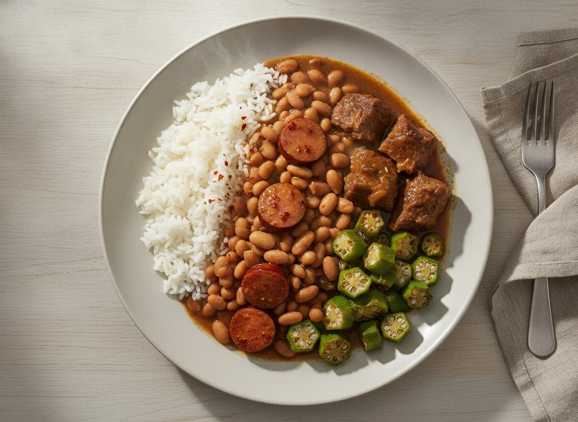 Arroz, feijão com linguiça e carne com quiabo photo
