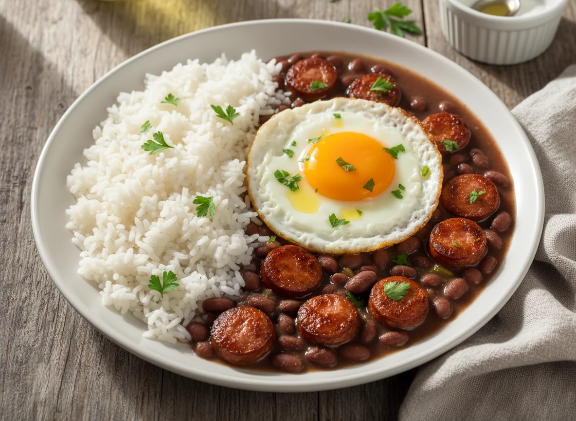 Arroz, feijão com linguiça e ovo frito photo