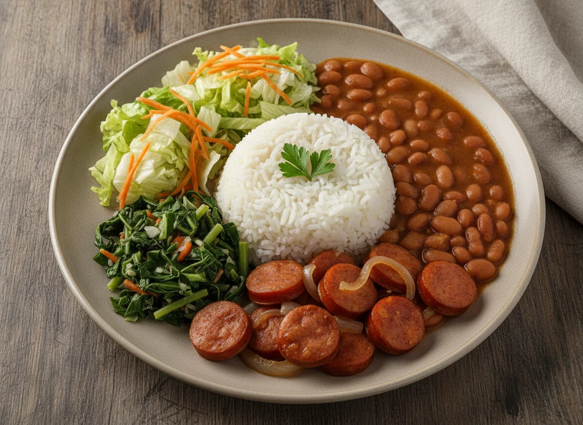 Arroz, feijão com linguiça e salada mista photo