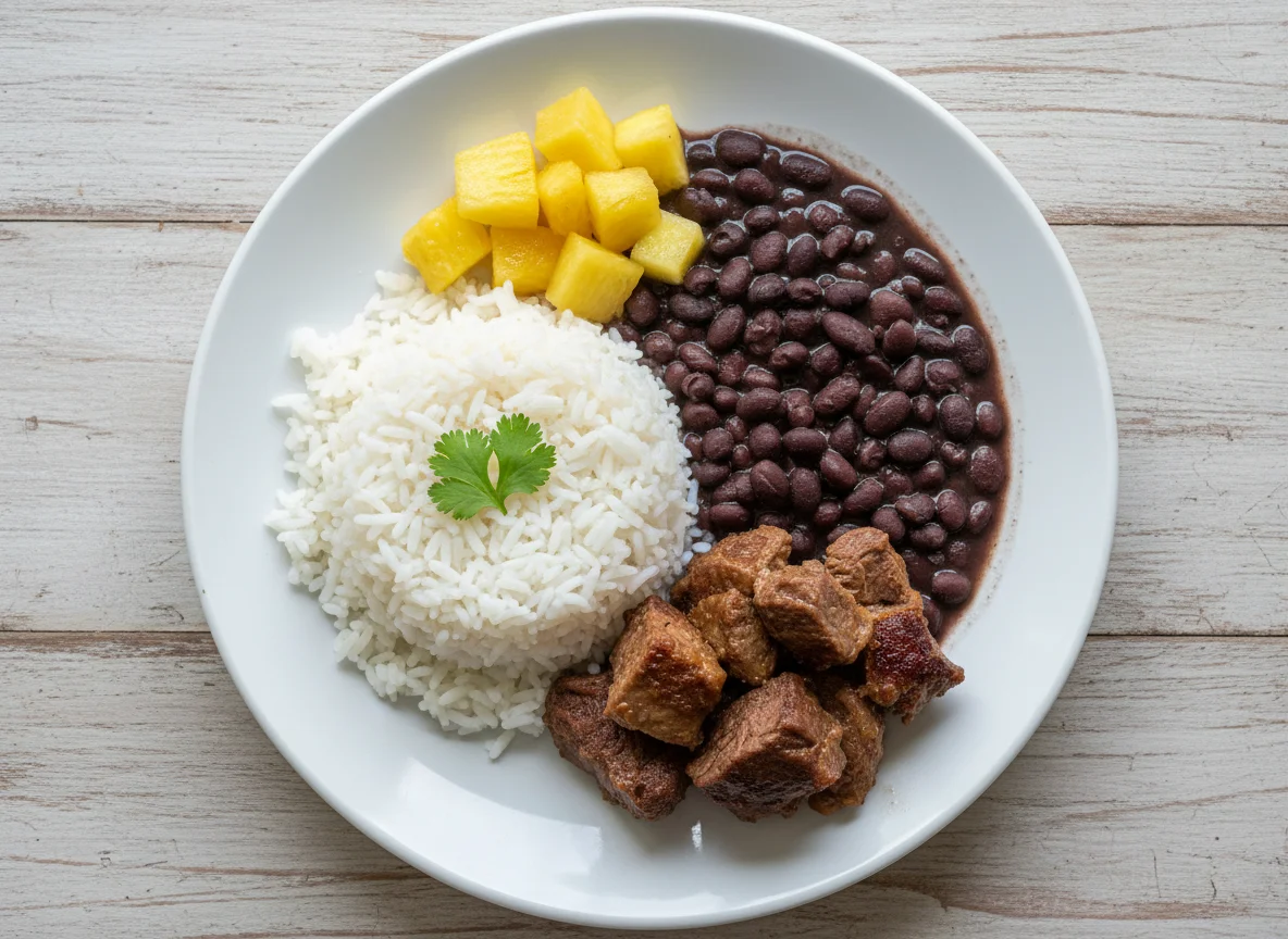 Arroz, feijão e abacaxi com carne photo