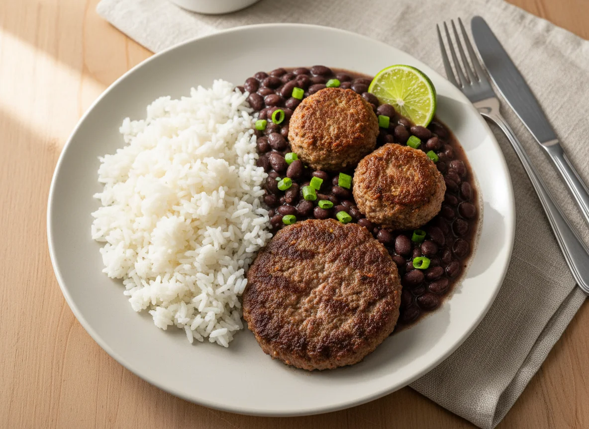 Arroz, feijão e almôndegas photo