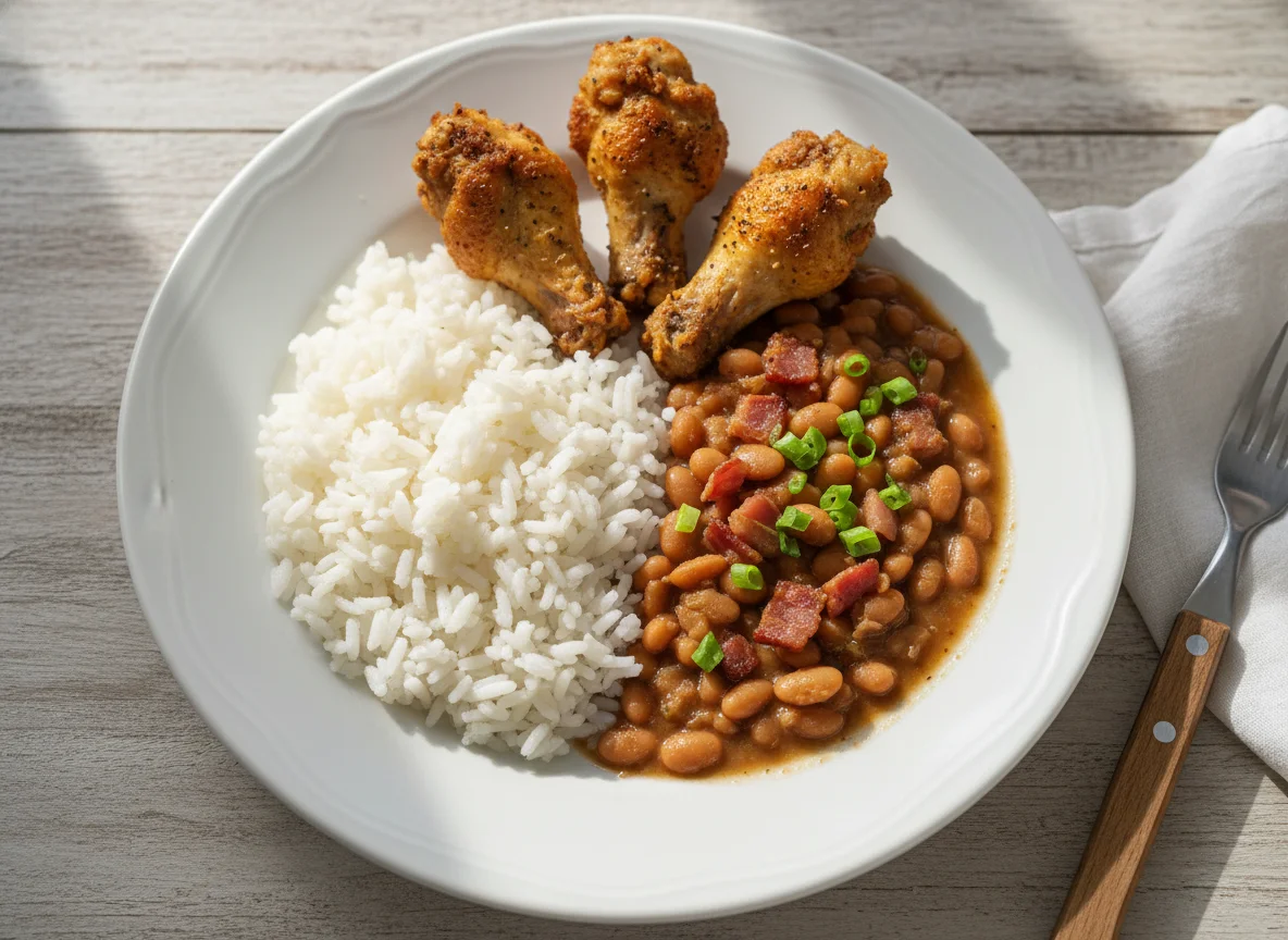 Arroz, feijão e asas de frango photo