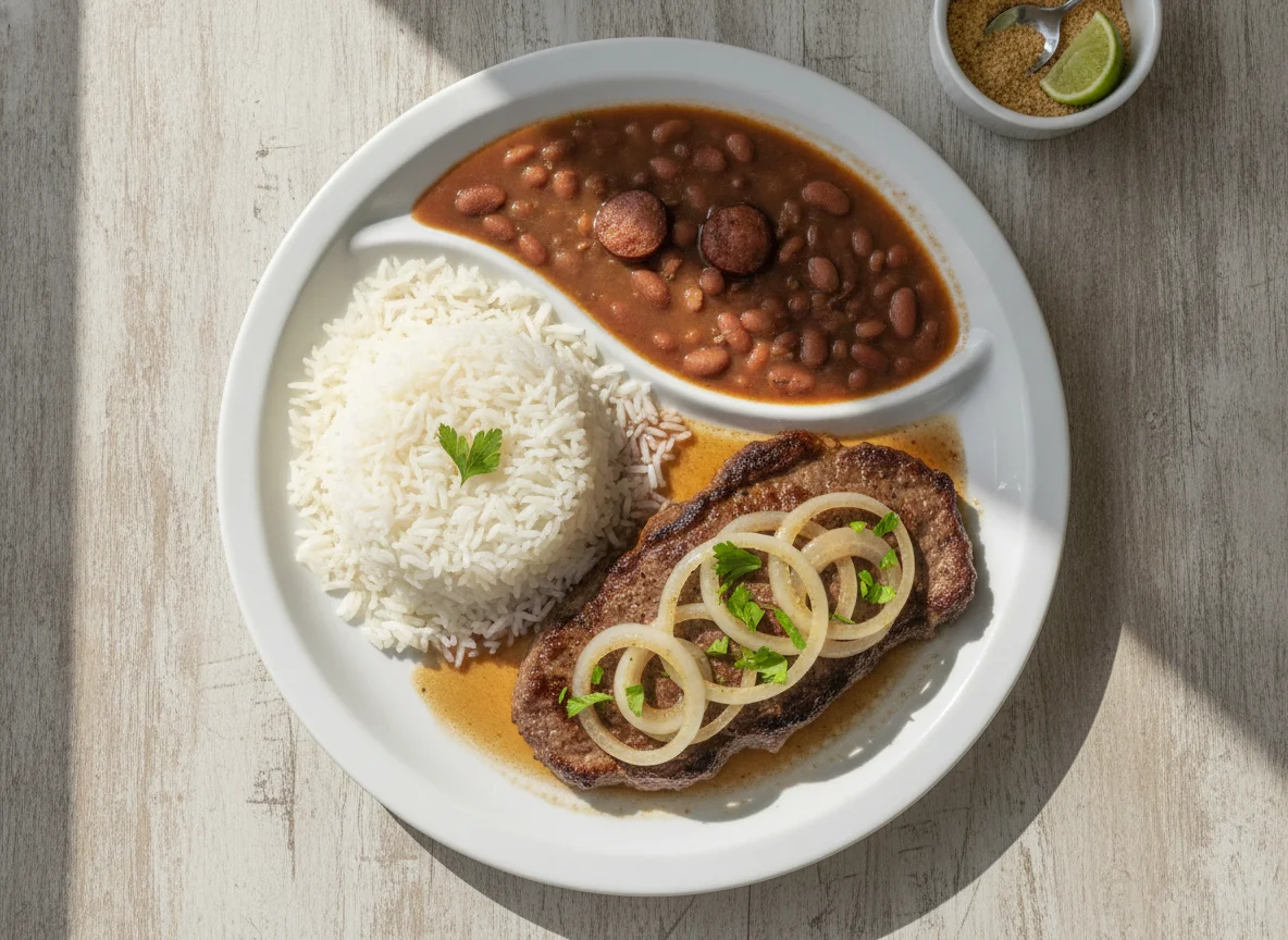 Arroz, feijão e bife acebolado photo