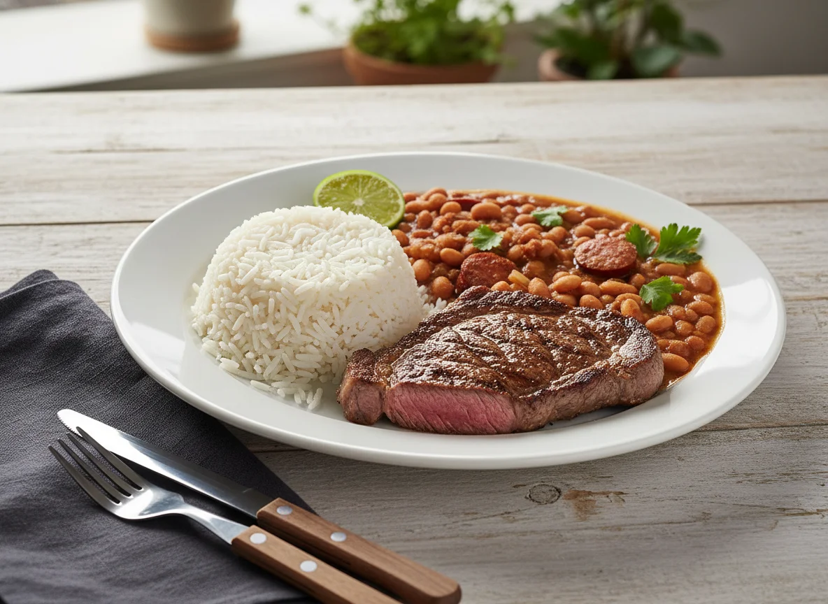 Arroz, feijão e bife contra file photo