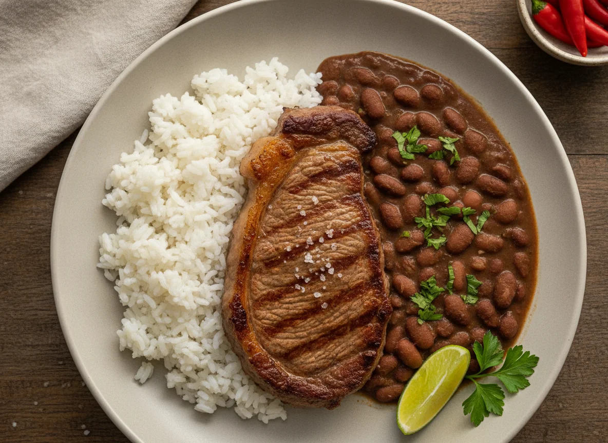 Arroz, feijão e bife de carne bovina photo