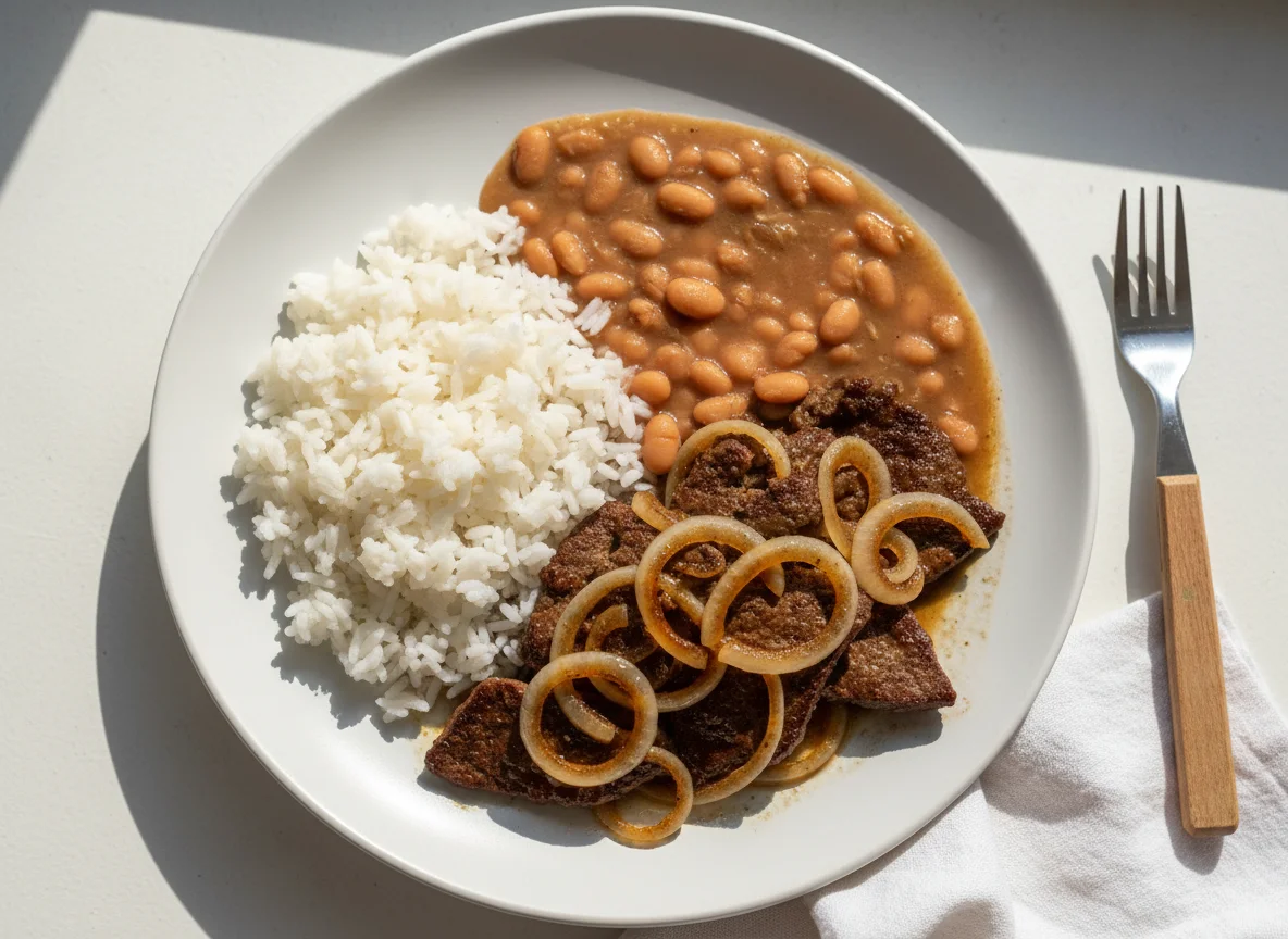 Arroz, feijão e bife de fígado acebolado photo