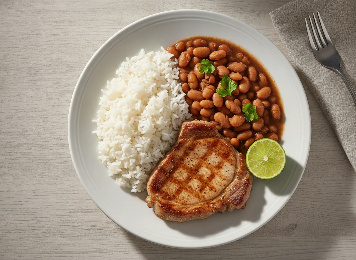Arroz, feijão e bife de porco photo