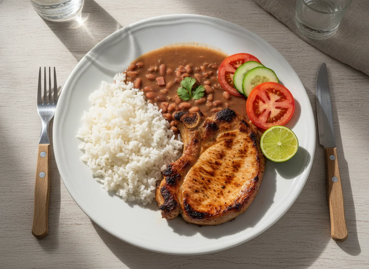 Arroz, feijão e bisteca de porco photo