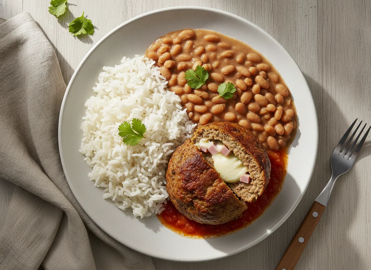 Arroz, feijão e bolo de carne recheado photo