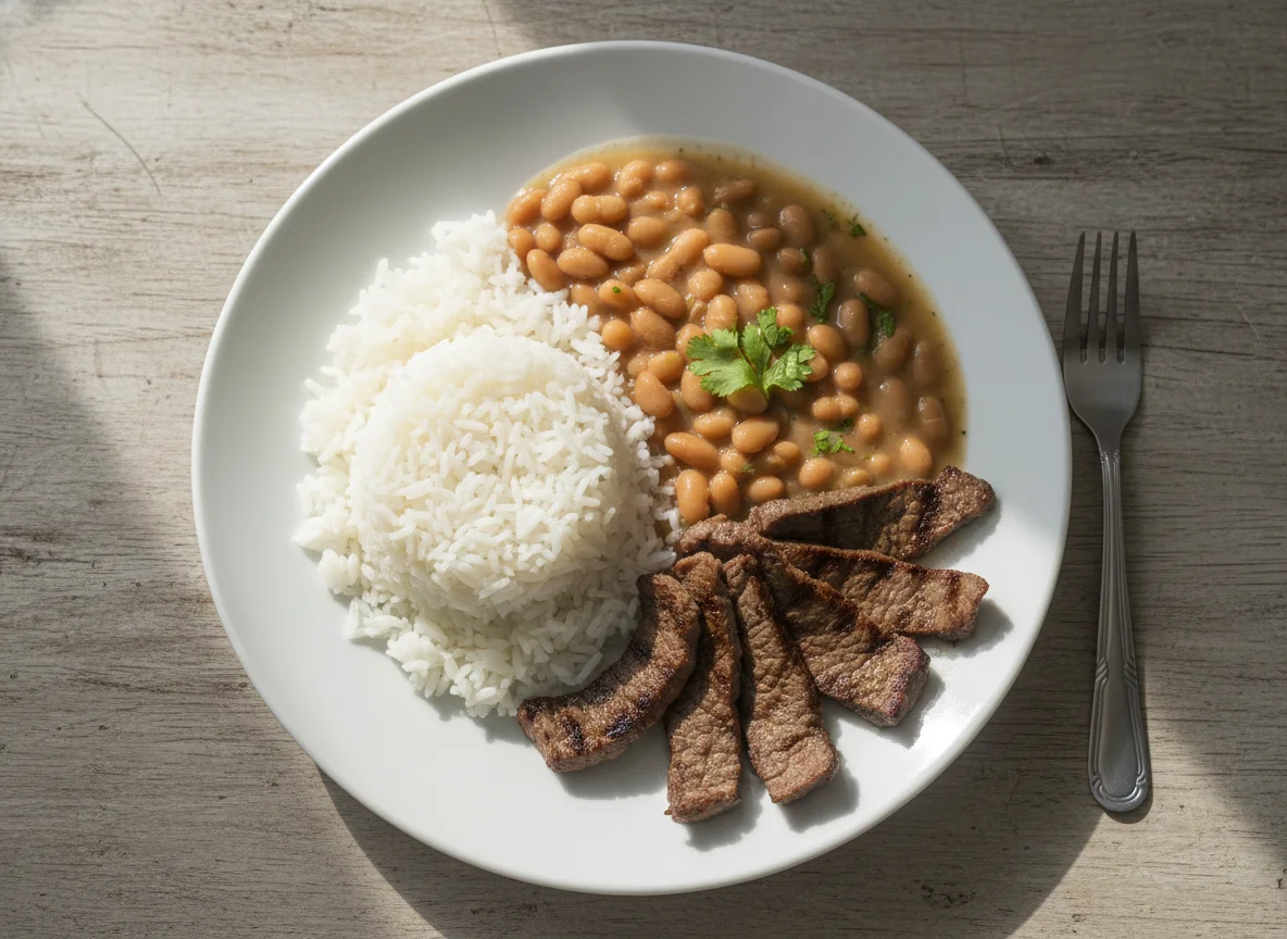 Arroz, feijão e carne photo