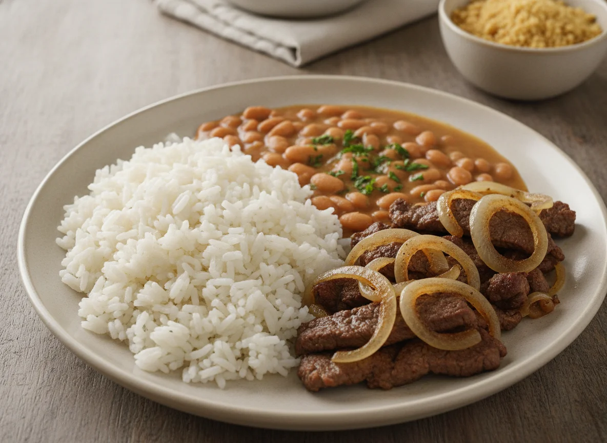 Arroz, feijão e carne acebolada photo