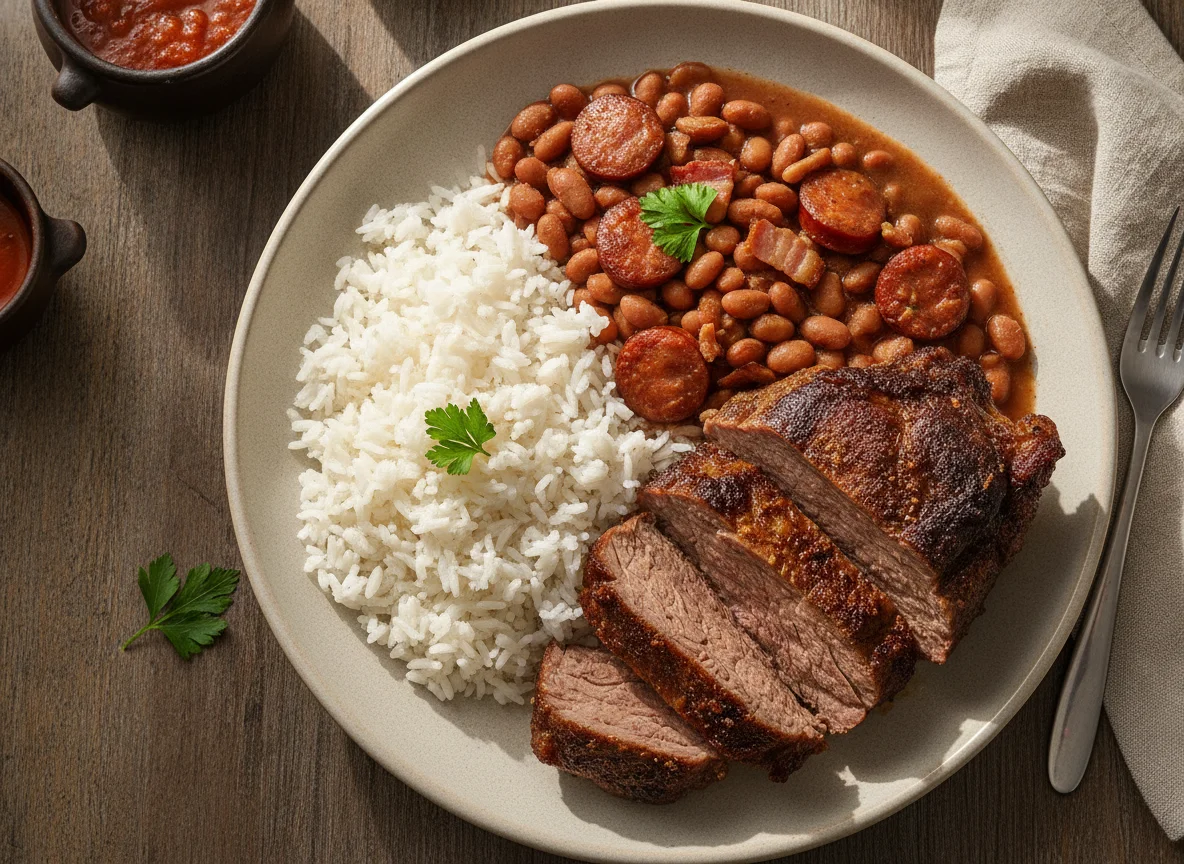 Arroz, feijão e carne assada photo