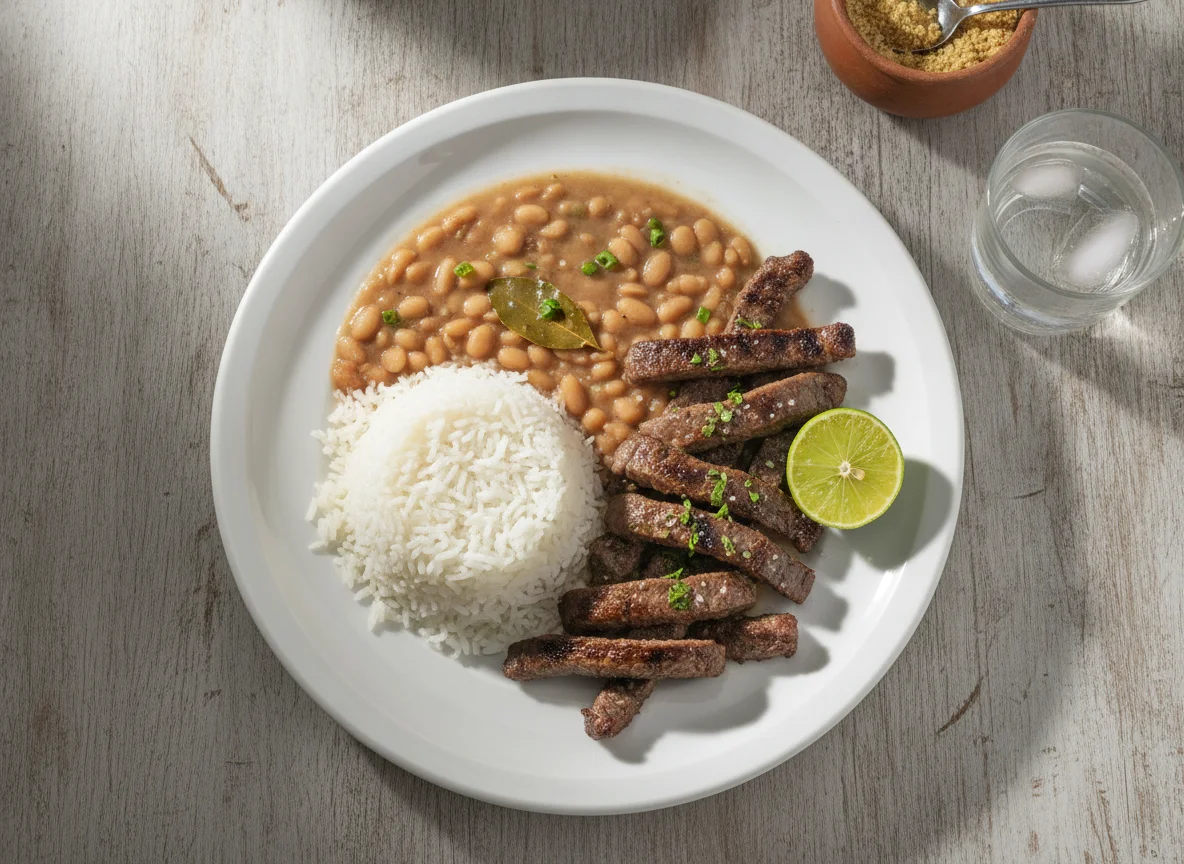 Arroz, feijão e carne bovina photo