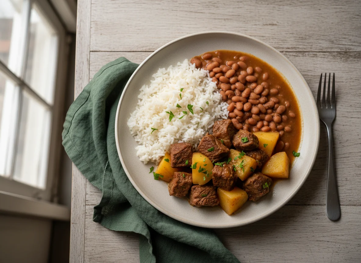 Arroz, feijão e carne com batata photo