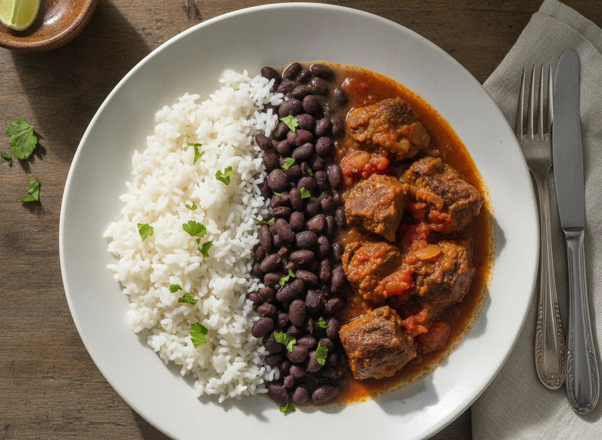 Arroz, feijão e carne cozida photo