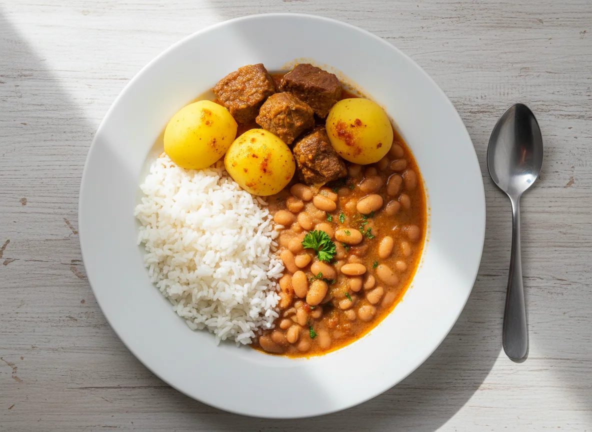 Arroz, feijão e carne cozida com batatas photo
