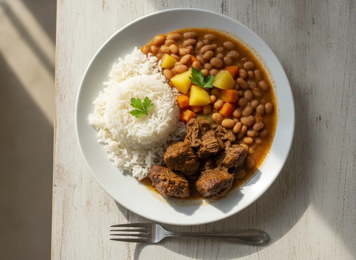 Arroz, feijão e carne cozida com legumes photo