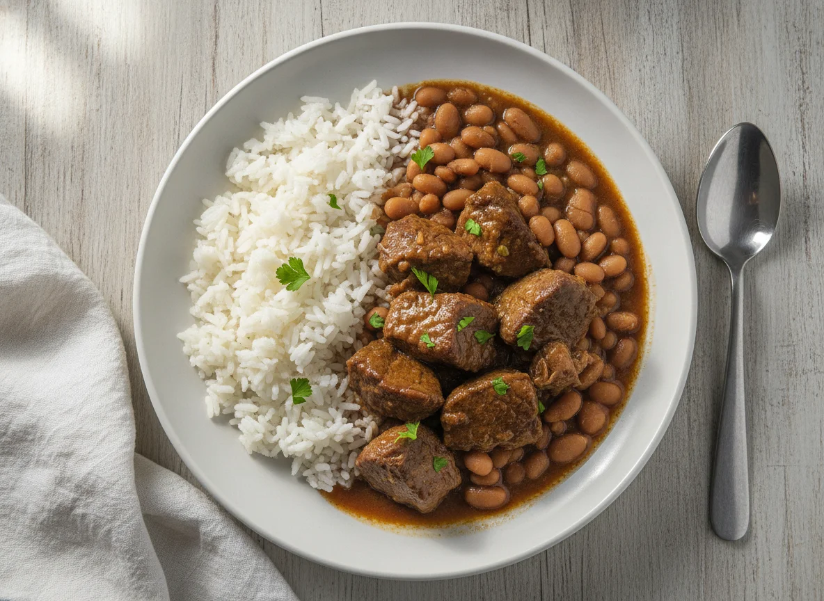 Arroz, feijão e carne de panela photo