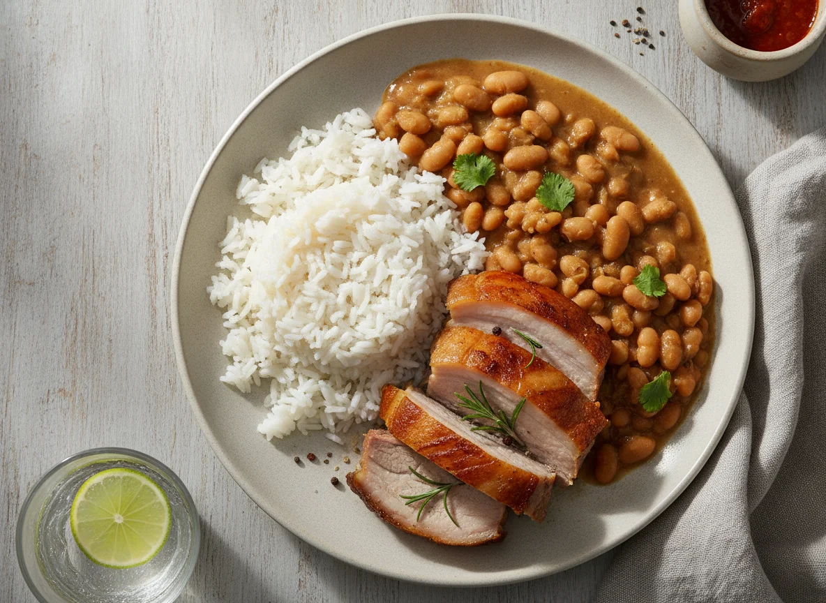Arroz, feijão e carne de porco assada photo