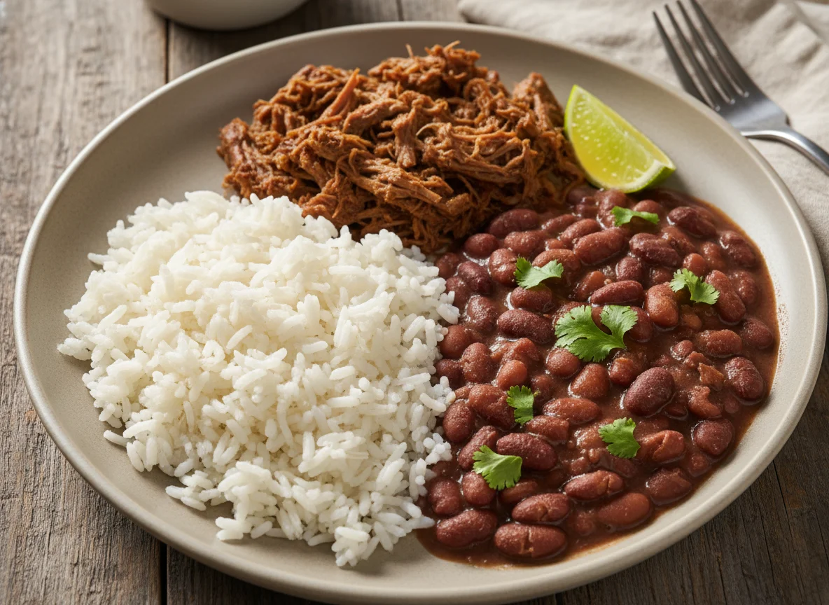 Arroz, feijão e carne desfiada photo
