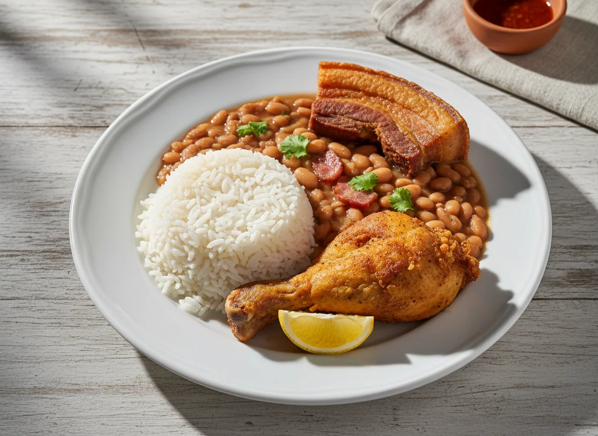 Arroz, feijão e carne frita photo