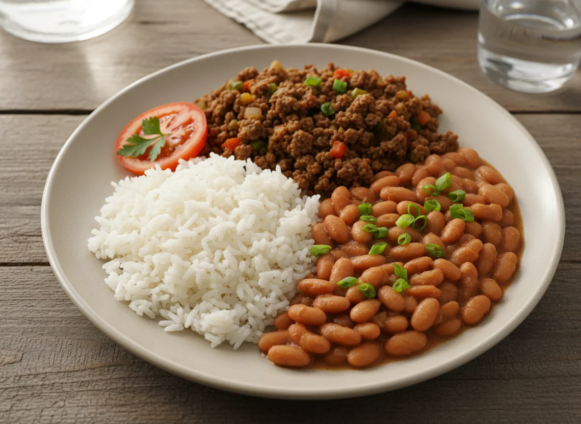 Arroz, feijão e carne moída photo