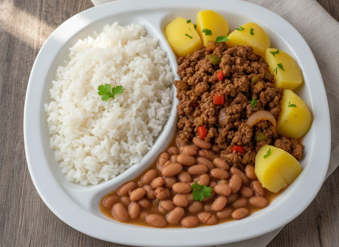 Arroz, feijão e carne moída com batatas photo