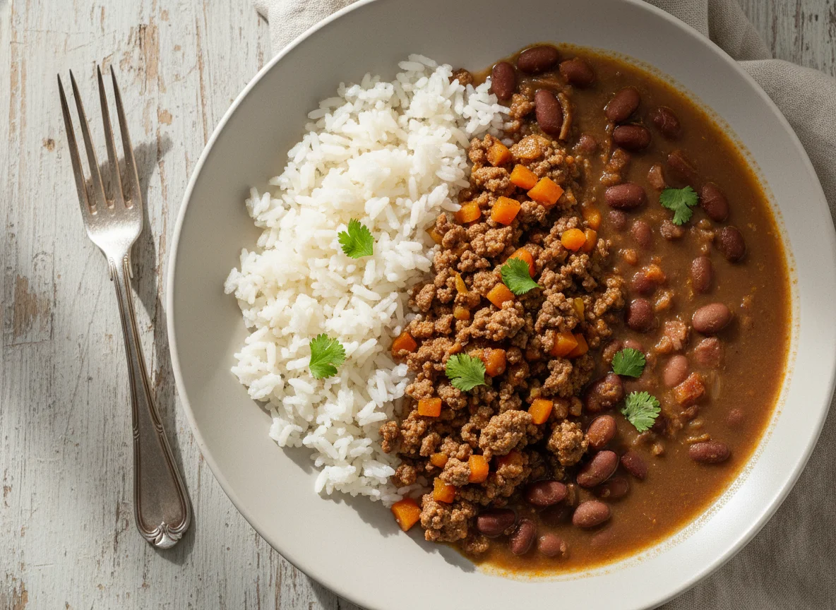 Arroz, feijão e carne moída com cenoura photo