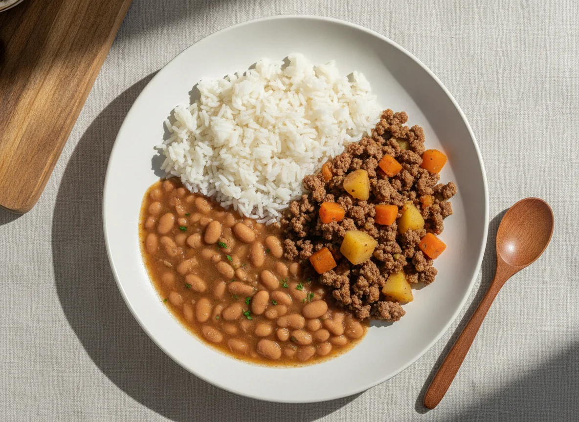 Arroz, feijão e carne moída com legumes photo