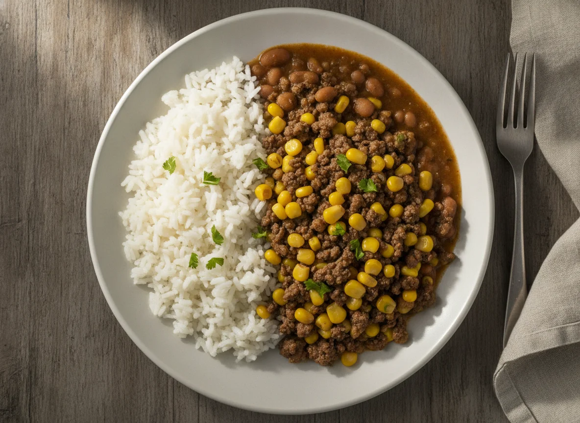 Arroz, Feijão e Carne Moída com Milho photo