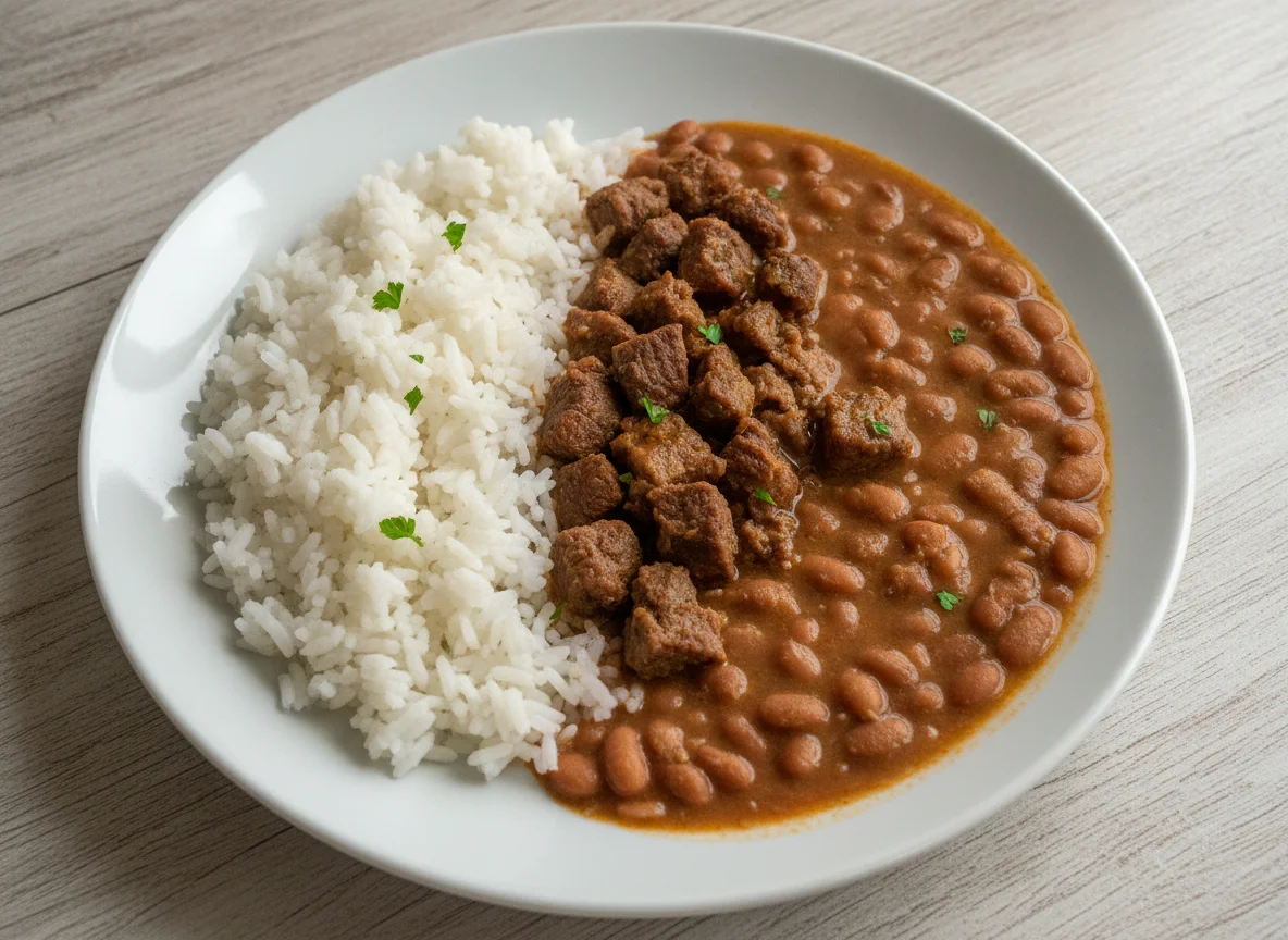 Arroz, feijão e carne picadinha photo