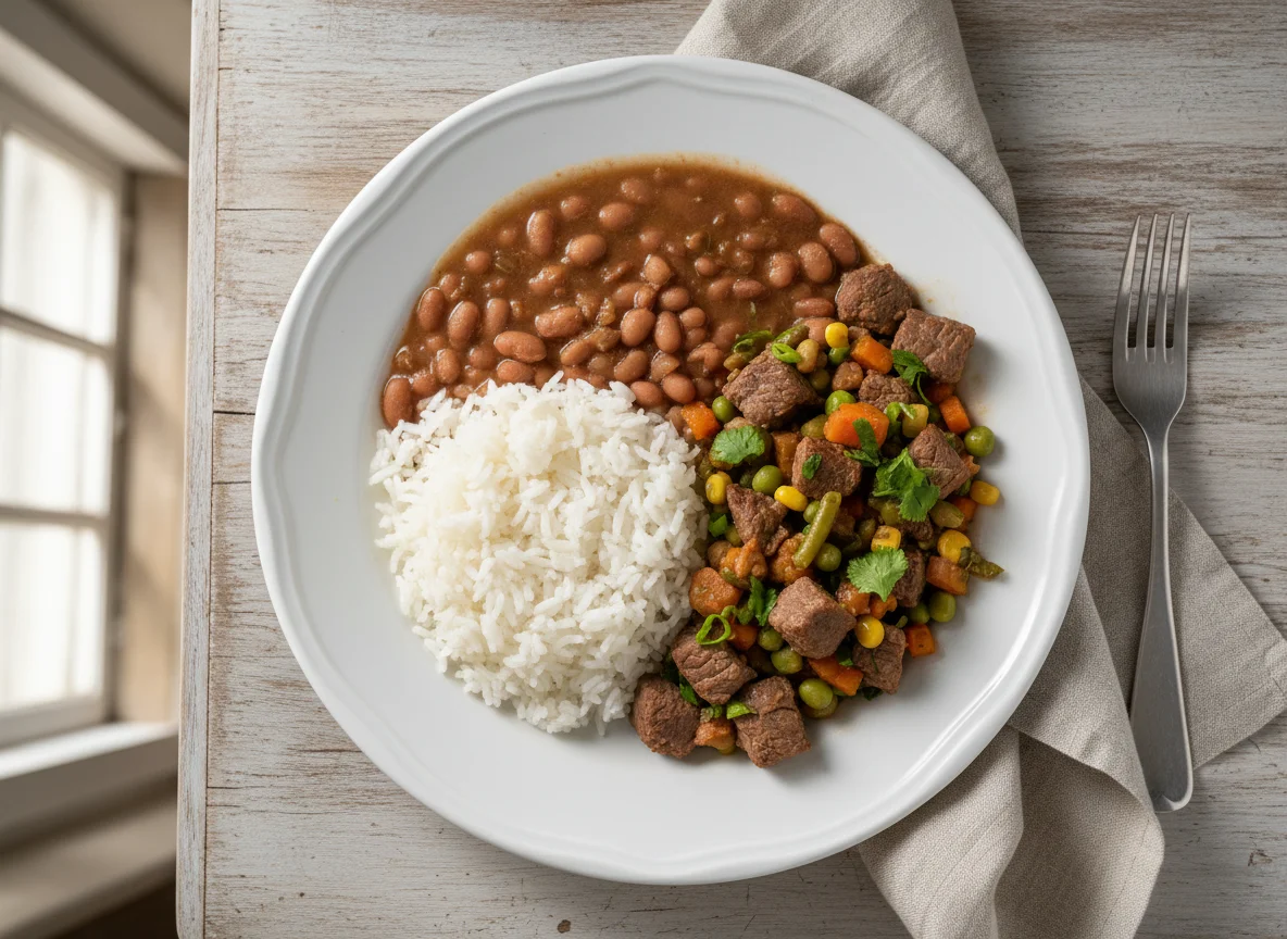 Arroz, feijão e carne picadinha com legumes photo