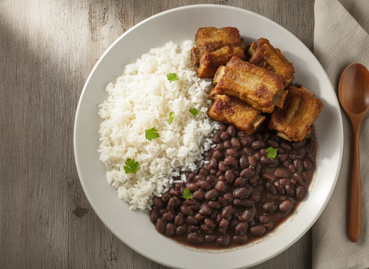 Arroz, feijão e costelinha de porco photo