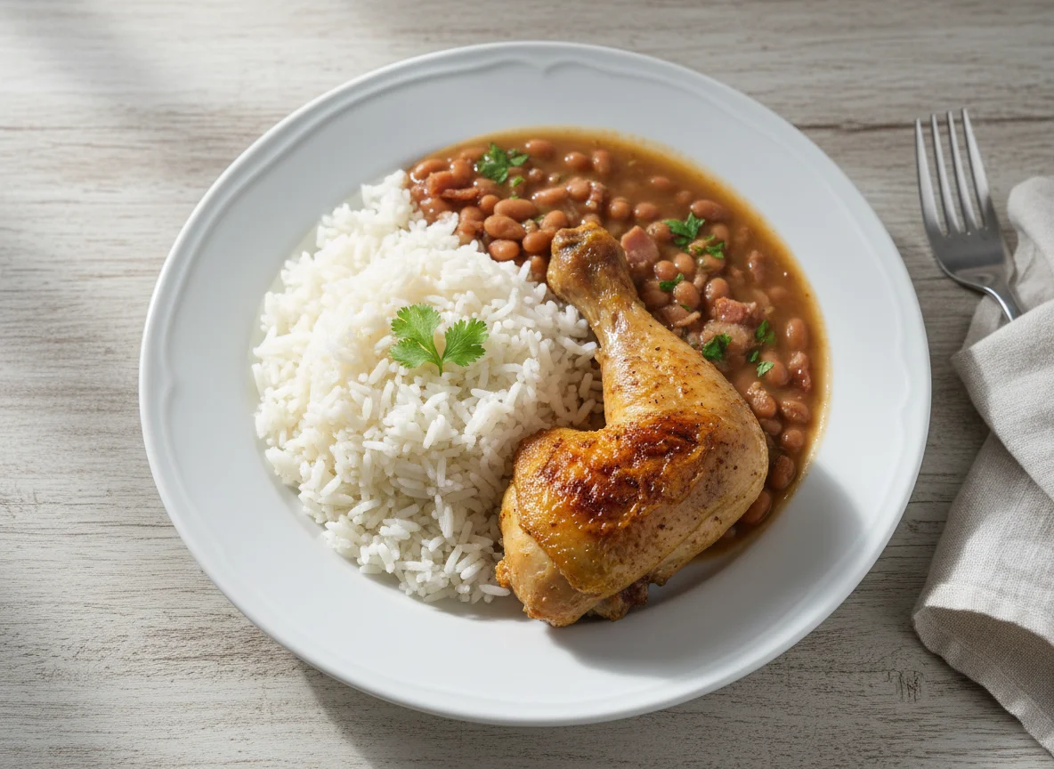 Arroz, feijão e coxa de frango photo