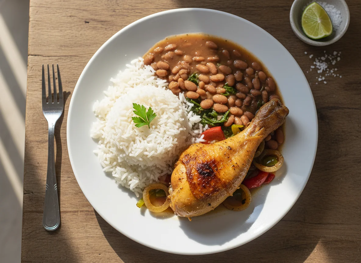 Arroz, feijão e coxa de frango assada photo