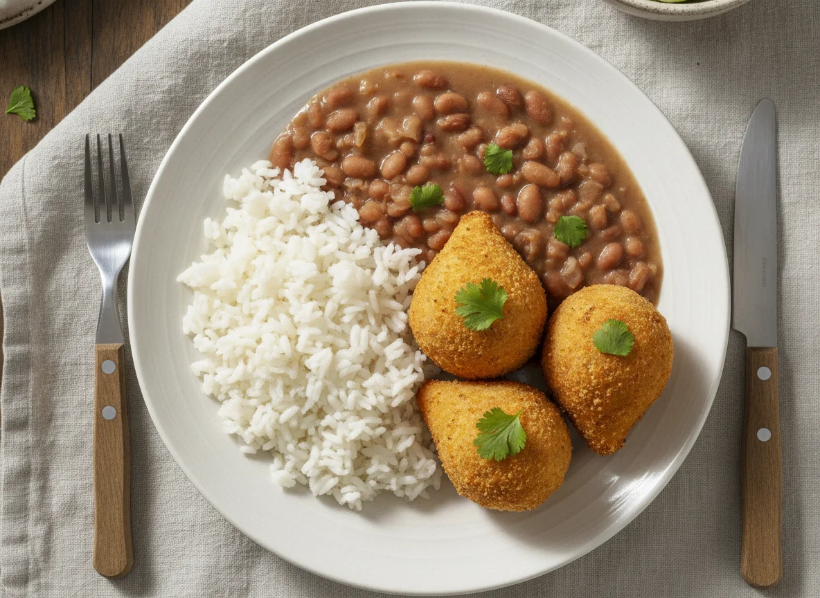 Arroz, feijão e coxinha de frango photo