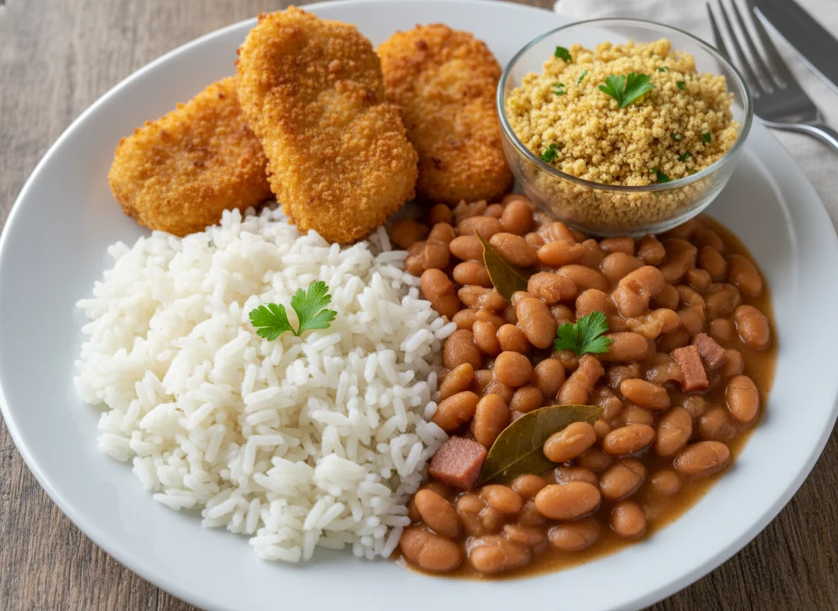 Arroz, feijão e empanados photo