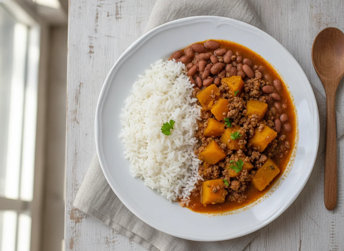 Arroz, feijão e ensopado de abóbora com carne moída photo