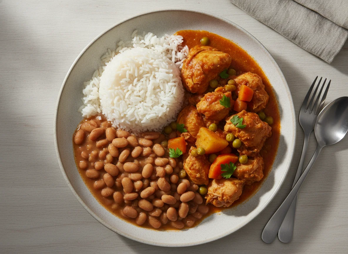 Arroz, feijão e ensopado de frango com legumes photo